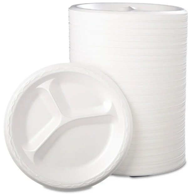 Foam Dinnerware, Plate, 3-Comp, 8 7/8" dia, White, 125/Pack, 4 Packs/Carton